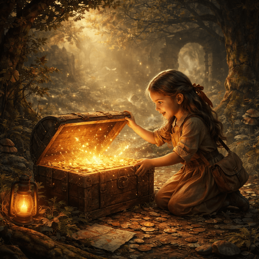 AI scene generation of a girl who found a treasure